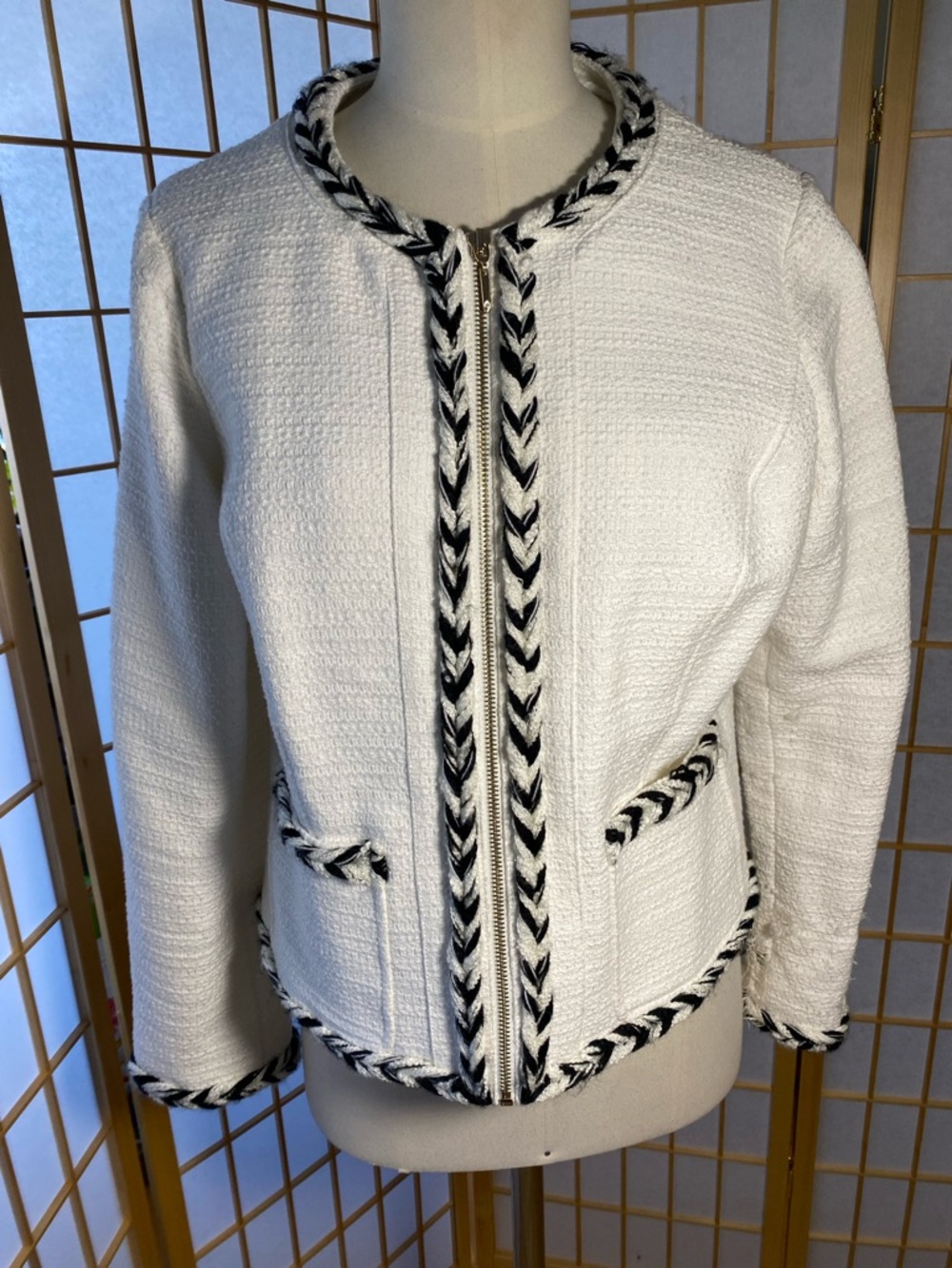 White House Black Market White Bouclé Jacket with Black Braid Trim